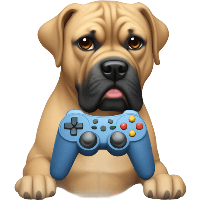 light colored bull mastiff with controller in hands emoji