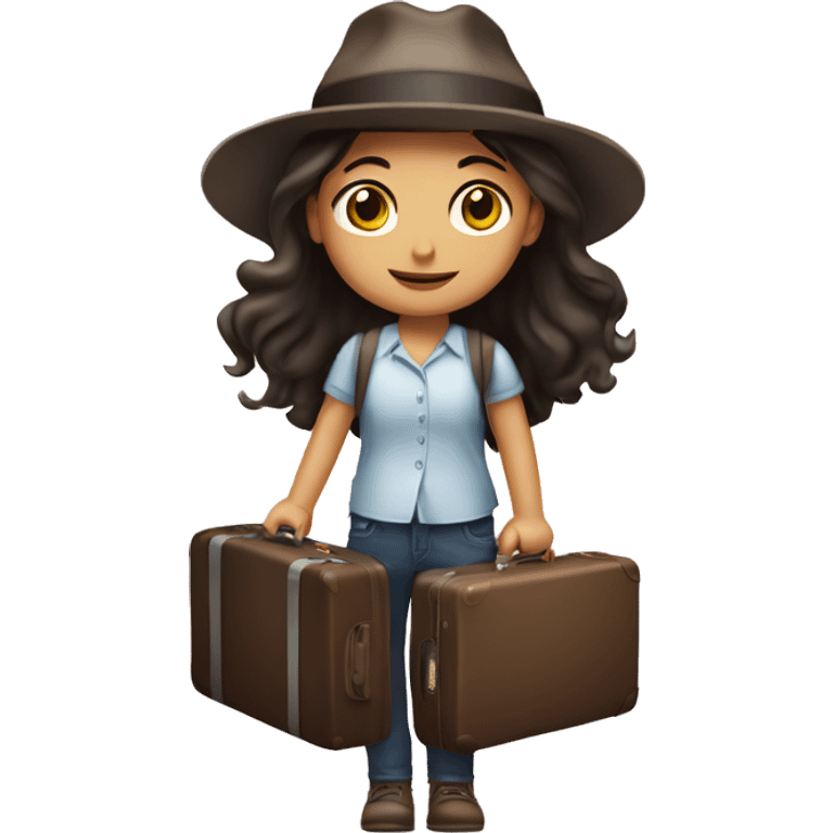 long dark hair brown eyed girl flight  holding suitcase with hat  emoji