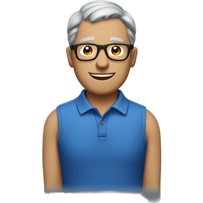 grey short hair middle age man, blue polo, black glasses emoji