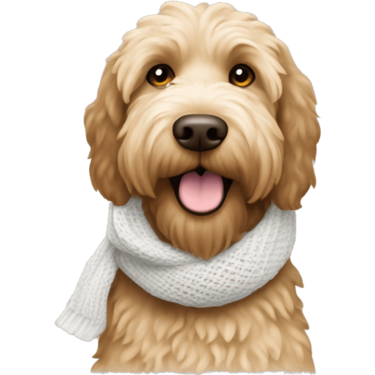 Tan Labradoodle wearing white knit scarf emoji