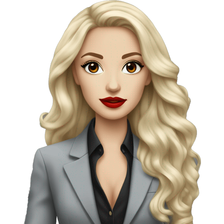 Russian Blonde long hair with red lips and black eyes Tiffany diamond seller in a grey suit emoji