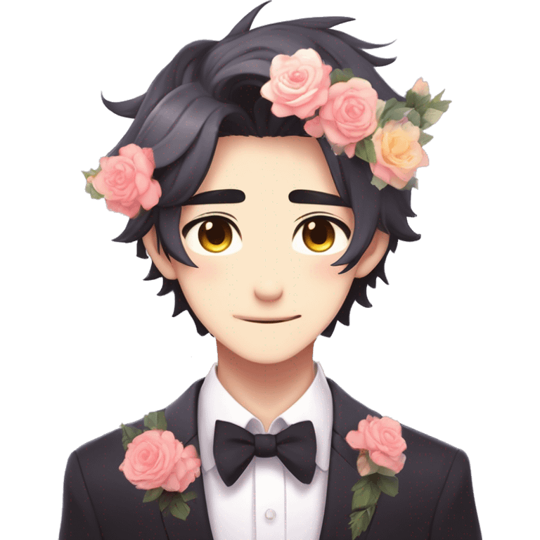 Gorgeous romantic anime style Asian formal modern gentlemanly guy with cat ears and flowers and blushing face aesthetic trending style outside with colorful gradient colors emoji