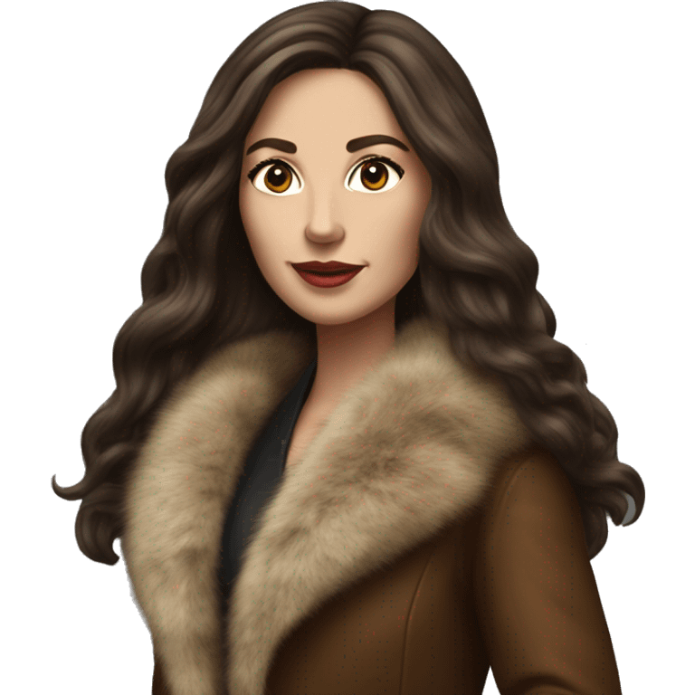 Beautiful Woman Realistic long hair brunette Mob wife big brown fur coat  emoji