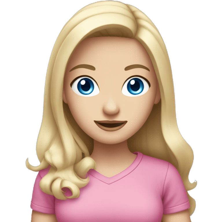 a blue eyed white dark blond hair girl wearing a pink shirt holding a pink iphone  emoji