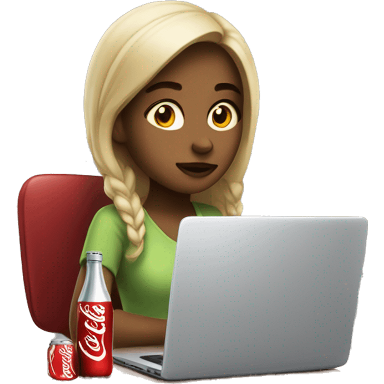 tired girl with laptop drinking coca-cola emoji