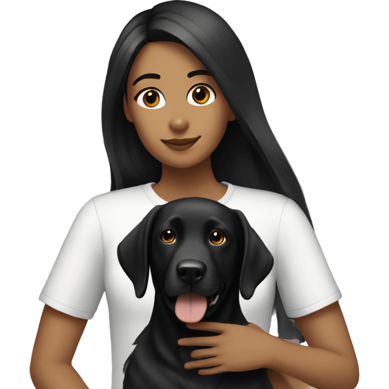 girl with long straight black hair holds her black Labrador emoji