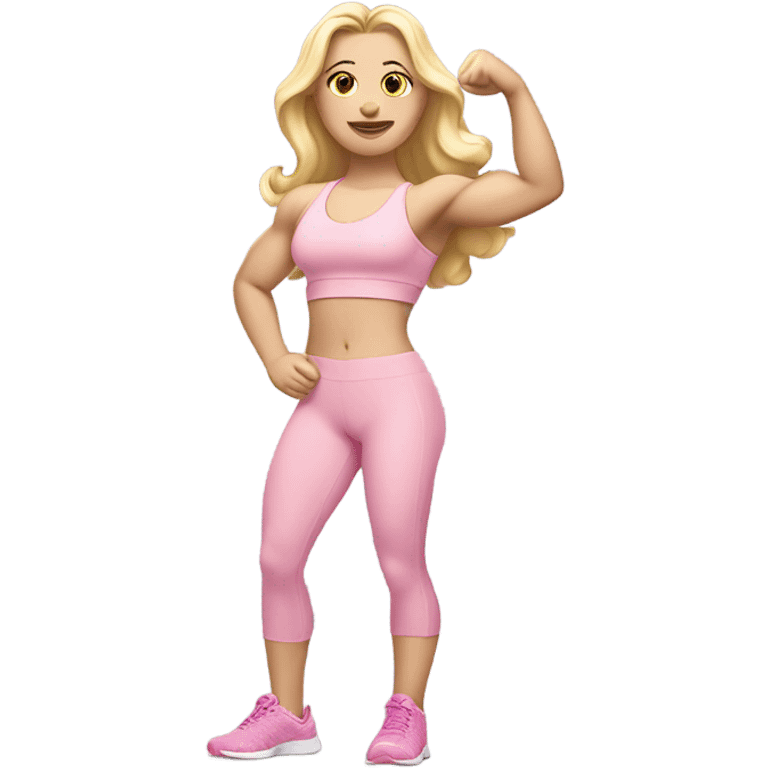 Woman, white skin, pale skin, long hair, blonde hair, wavy hair, baby pink sports bra, baby pink leggings, flexing one arm up emoji