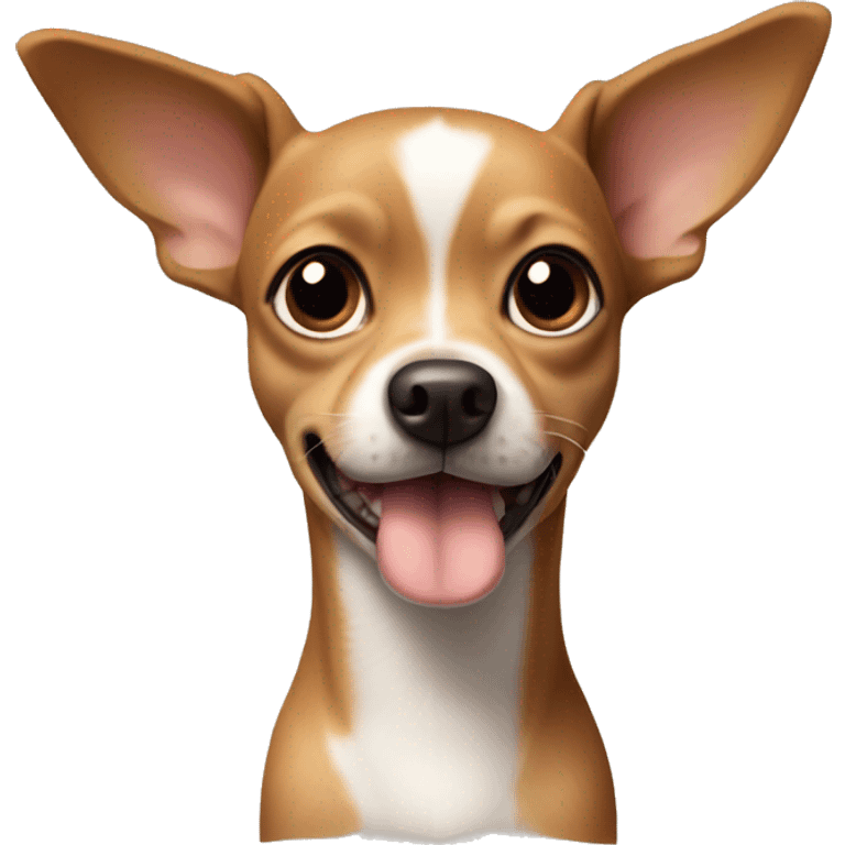 A dog, a mixture of Chihuahua and Toy Terrier, his body is brown, and his neck is white in front and around his nose. He doesn't have one ear emoji