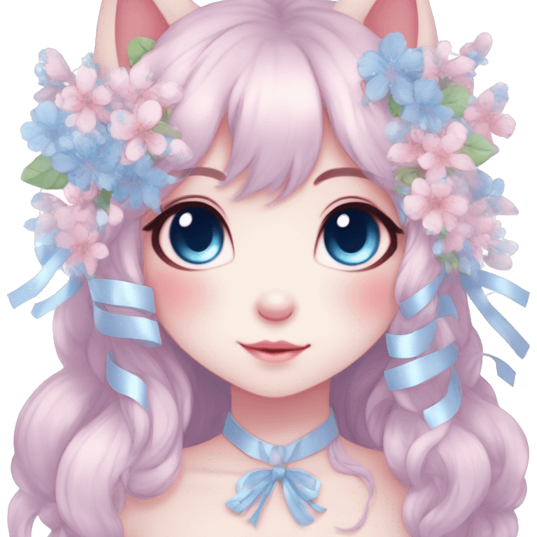 Anthro Cute Cool Blushing Pastel Innocent Shy Kawaii gorgeous sparkly ethereal fantasy anime animal creature with blue eyes furry sona with flowers and ribbons beautiful aesthetic emoji