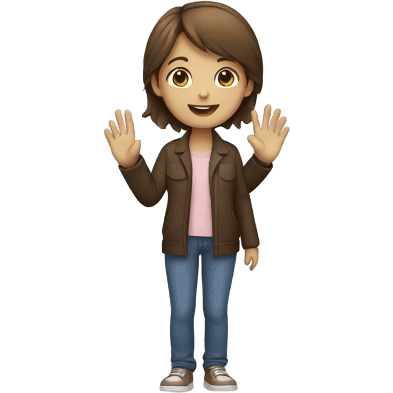 brown haired girl waving hi emoji