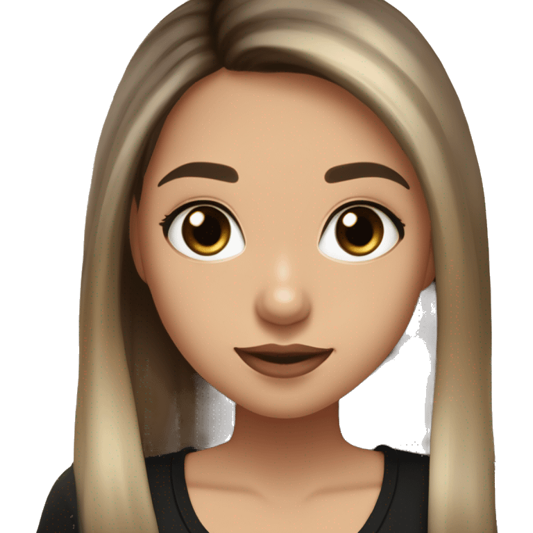 Slavic girl, light skin, long eye lashes, pink beige lips, brown eyes, long black-to-blonde ombre straight hair, black T-shirt, chibi, smiling. emoji