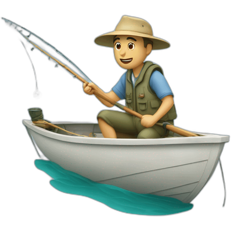 white fisherman fishing with a fishing rod in a small boat emoji