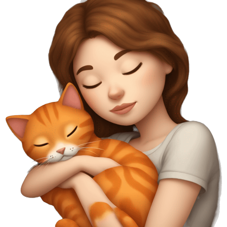 Brown hair girl sleeping with fluffy orange cat emoji