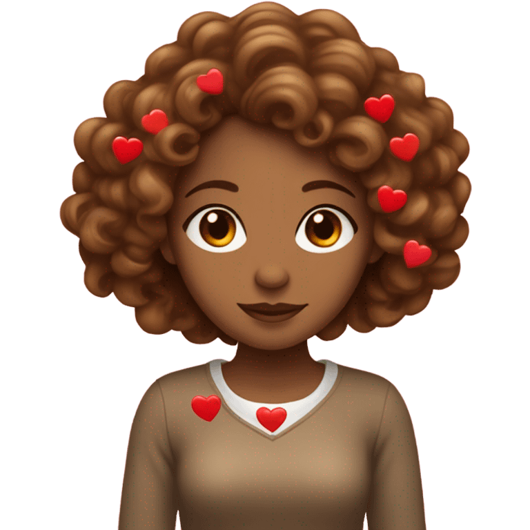 Light brown woman with long brown curly hair with valentines red hearts emoji