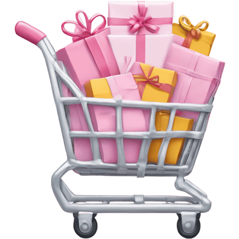 shopping cart wrapped in twinkle lights  full of light pink gift bags emoji