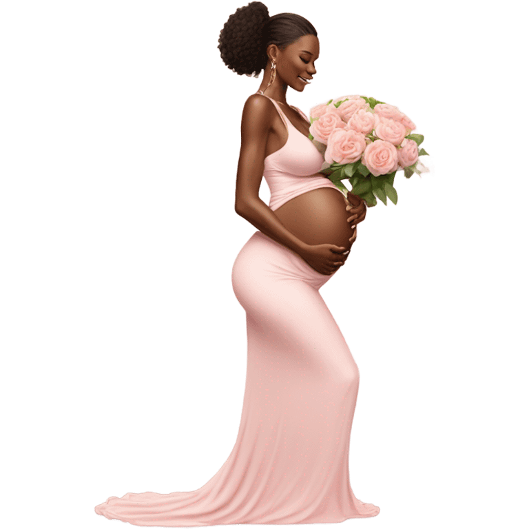 Realistic Photo of a Victoria secret model pregnant posing with flowers at her baby shower  emoji