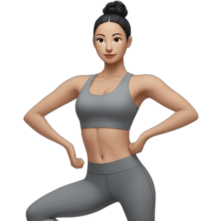 Pale skinned fit woman In a gray tight yoga suit and wristbands With black hair in a bun doing yoga emoji