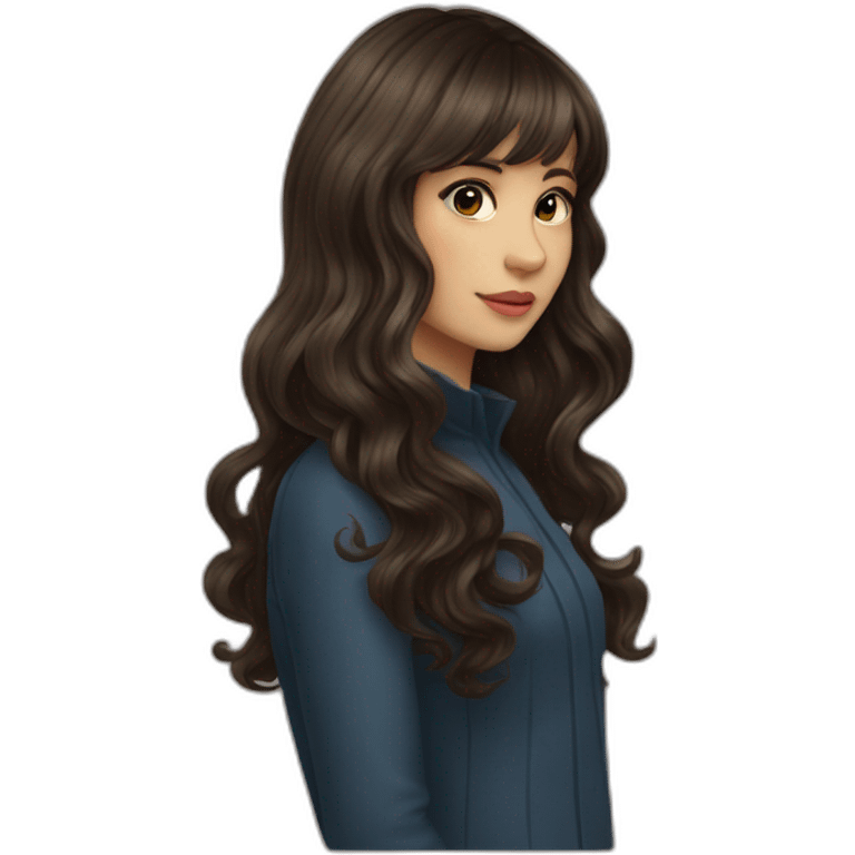 Brunette with bangs and wavy long hair drawing emoji