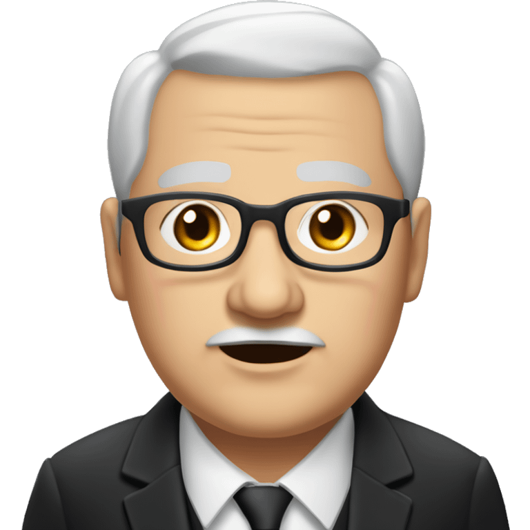 Chubby man of about 60 years with grey hair and a bald shin. Small round glasses, dark eyes and a double chin. Chubby pointed nose. He wears a black suit with waistcoat, jacket and tie. emoji