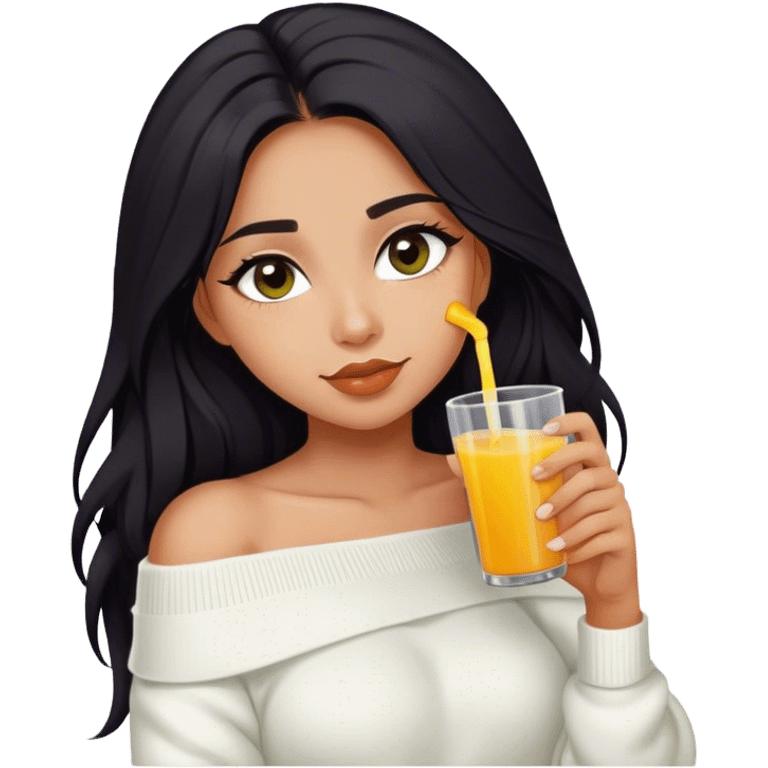 Latina girl with dark long hair and dark eyes and olive skin wearing white off shoulder sweater with juice emoji