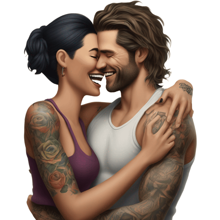 Hyper Realistic beautiful woman in the arms of a very handsome tattooed man laughing  emoji