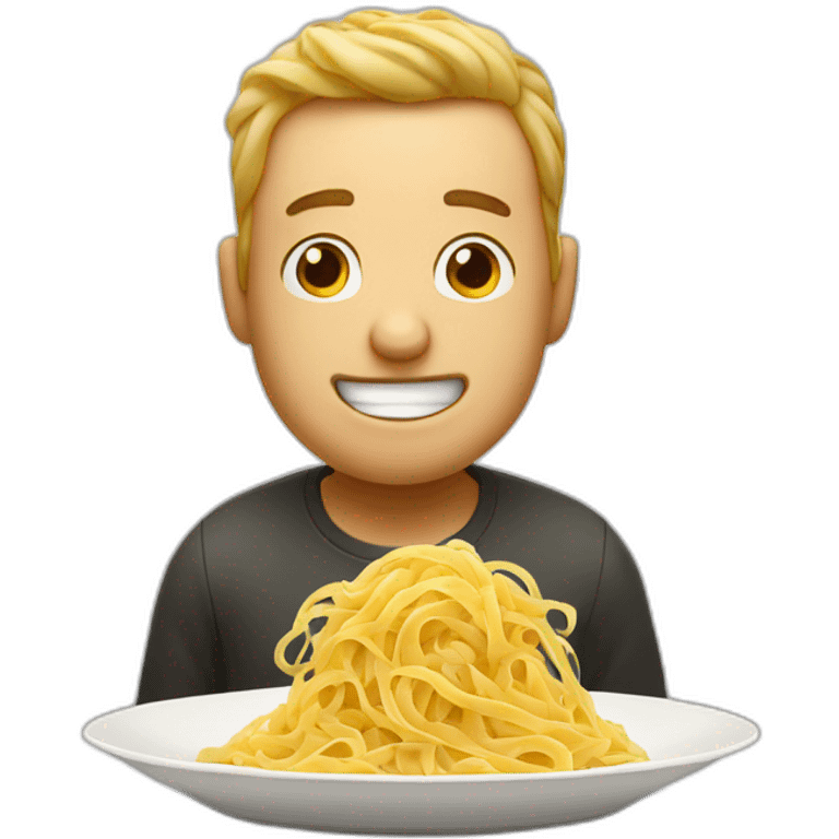 A hungry man in front of a plate of pasta emoji