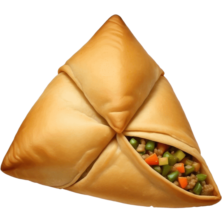 Samosa Cinematic Realistic Samosa Snack Emoji, depicted as a crispy, golden triangular pastry filled with spiced vegetables or meat, rendered with rich textures and vibrant, appetizing lighting. emoji