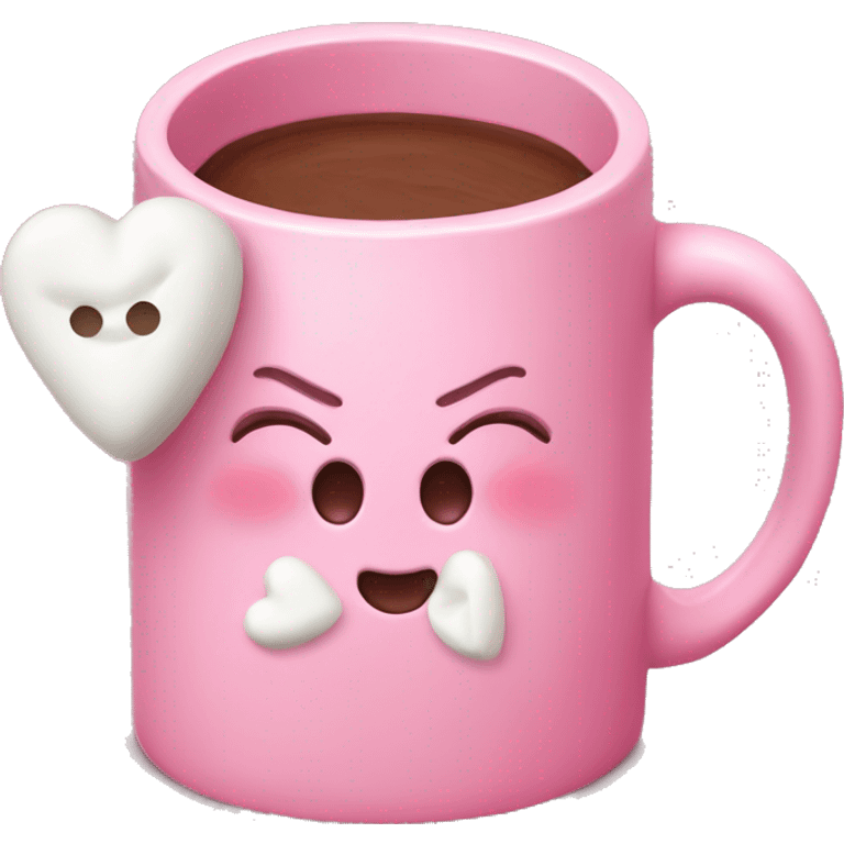 Pink mug filled with hot chocolate topped with heart shaped marshmellows emoji