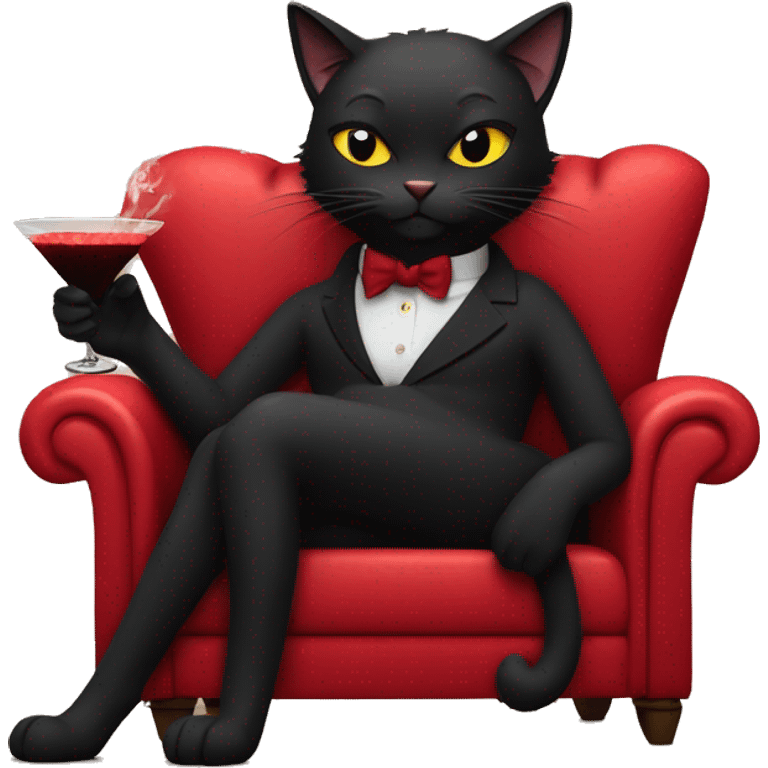 black cat wearing a boa laying down on a sultry red couch smoking a cigarette with a martini  emoji