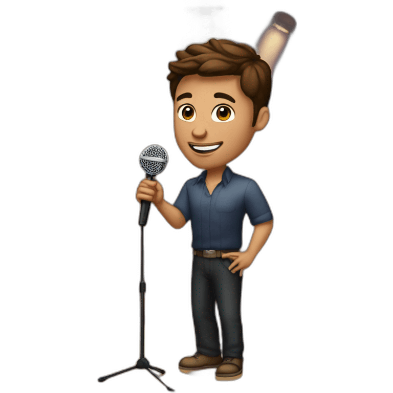  men with brown hair and light skin with microphone stand in front of him with show spotlights on a stage and many lights and spotlights on a raised theater stage emoji