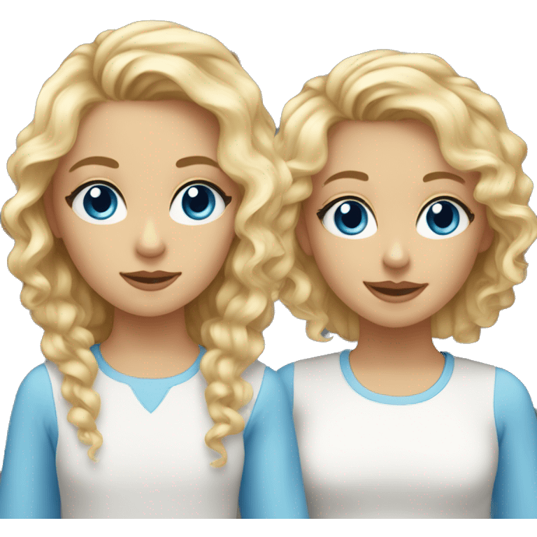 sisters, both blond curly hair, one short hair, one long hair, both blue eye emoji