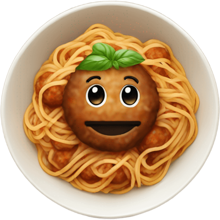 spaghetti with meatballs in a bowl with basil emoji