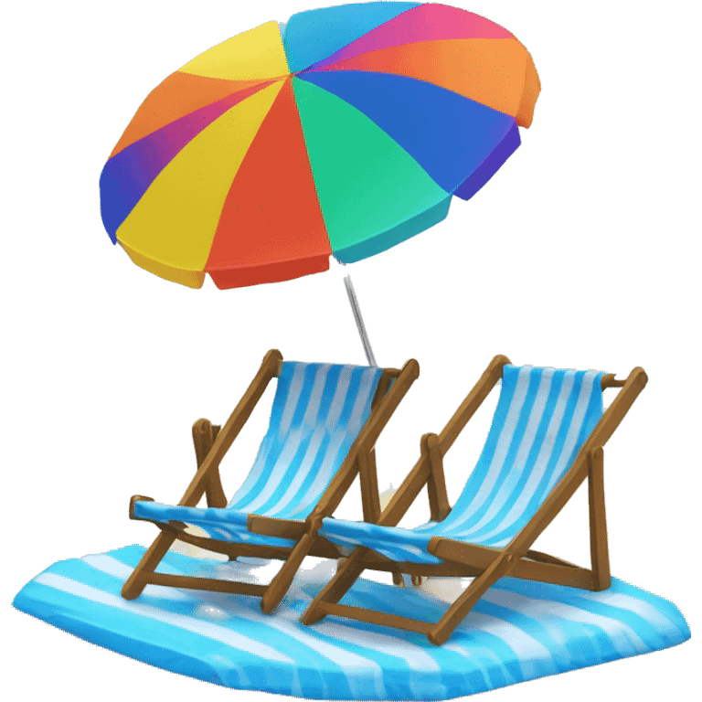 Beach umbrella with two beach chairs and a beach ball facing the sea emoji