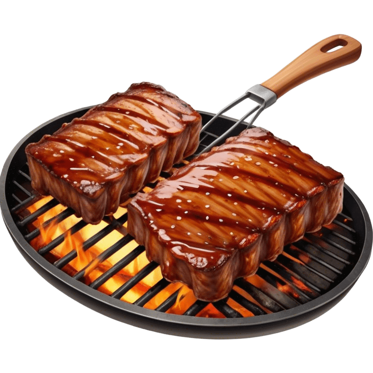 Cinematic juicy grilled ribs, glistening with smoky barbecue sauce, charred edges, tender meat falling off the bone, sizzling on a hot grill, mouthwatering and rich, warm and inviting, ultra-realistic and delicious. emoji