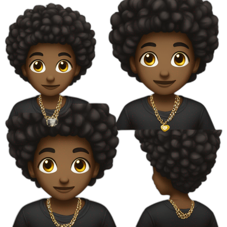 A dark skin boy with nappy afro black shirt wearing diamond chain emoji