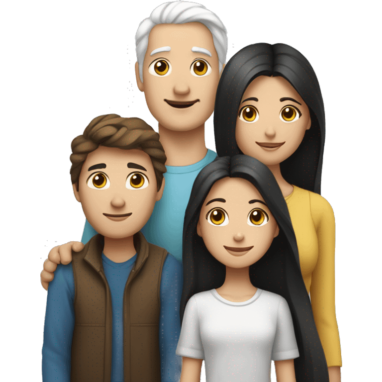  a woman with long brown hair, a man with white hair and a round face, and a young girl with long black hair standing between them, representing a family unit emoji