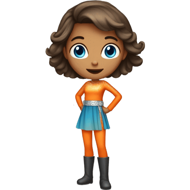 a brunette blue-eyed girl in an orange outfit with a stomach level silver sequin belt  emoji