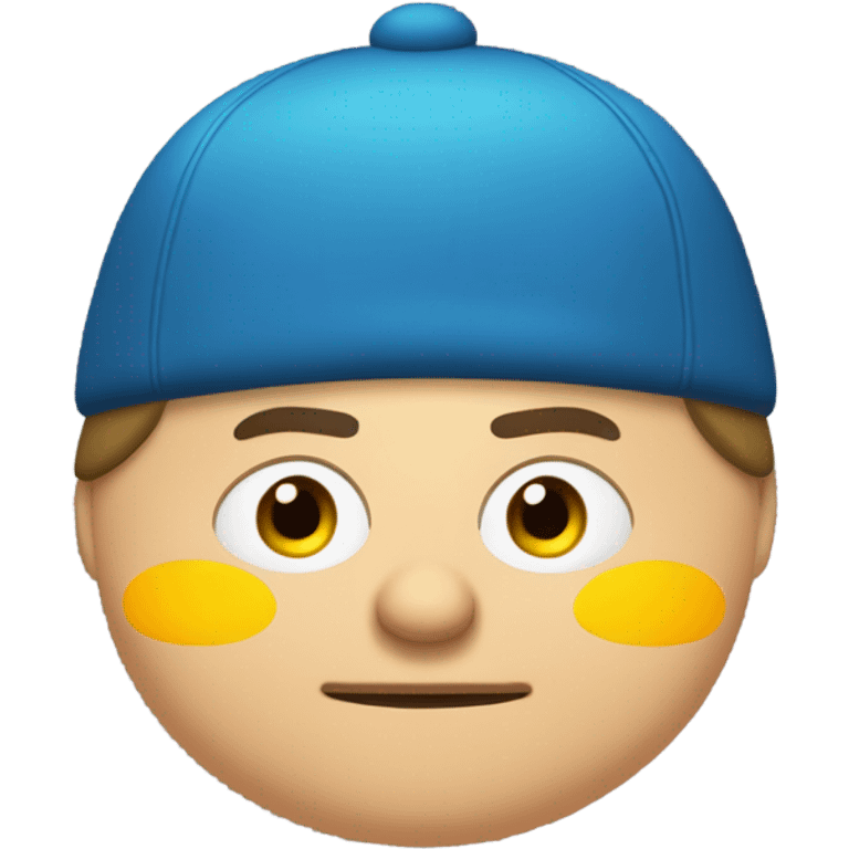 eric cartman (fat boy with white skin tone, blue and yellow poofball hat, red jacket, oval eyes, no nose and smile with teeth) emoji