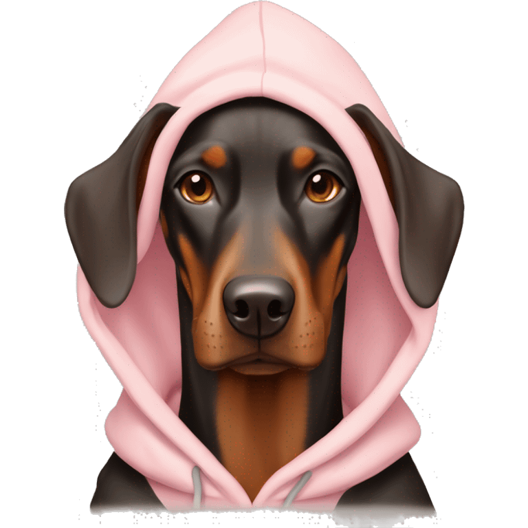 A red and tan female American Doberman wearing a pale pink hoodie emoji