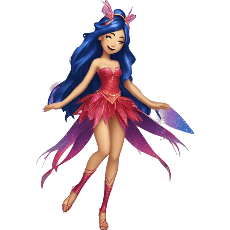 Musa asian adult fairy of music in her enchantix fairy red sparkling two-piece clothing and fairy enchantix wings and long dark blue hair from winx club. Lots of sparkles and fairydust. Full body pic and full fairy bliss emoji