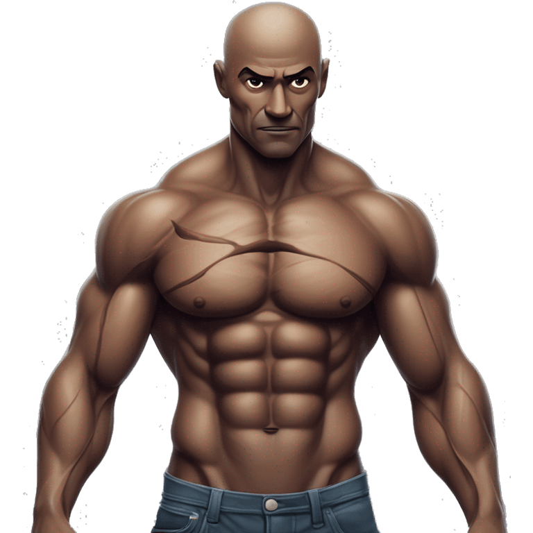 A muscular man with veins visible across his chest, but his arms are extremely thin, creating a striking contrast with his well-defined six-pack. His exaggerated physique, with unusually thin arms, creates a surreal and intense visual. emoji