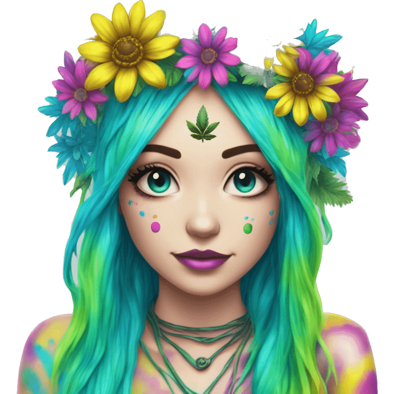 420 Tie dye hippie person flower crown tattoos hemp leaves metallic iridescent holographic blue cyan green pink yellow hazard stripes dark colours emoji