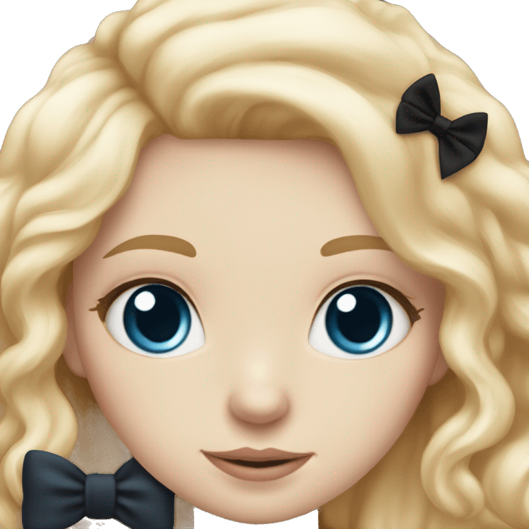 pale blonde girl with long rosy blonde hair with blue eyes and wearing a black bow holding a calico kitten also wearing a bow emoji