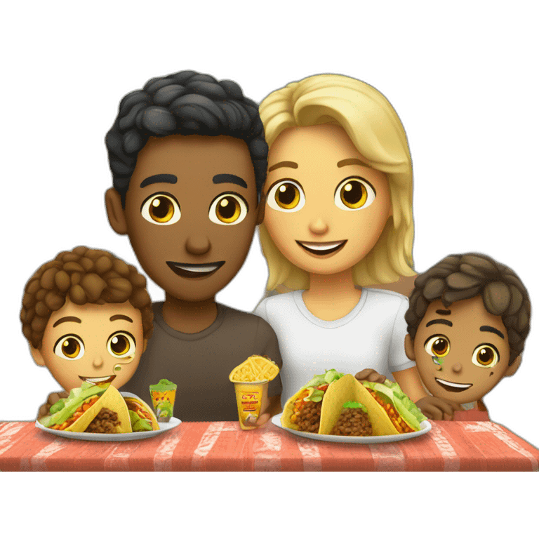 White gay couple with three Mexican child eating tacos emoji