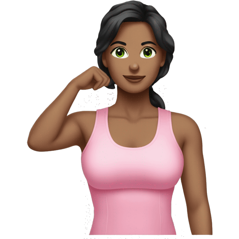 Pretty woman black hair green eyes wearing pink clothing pilates workout emoji