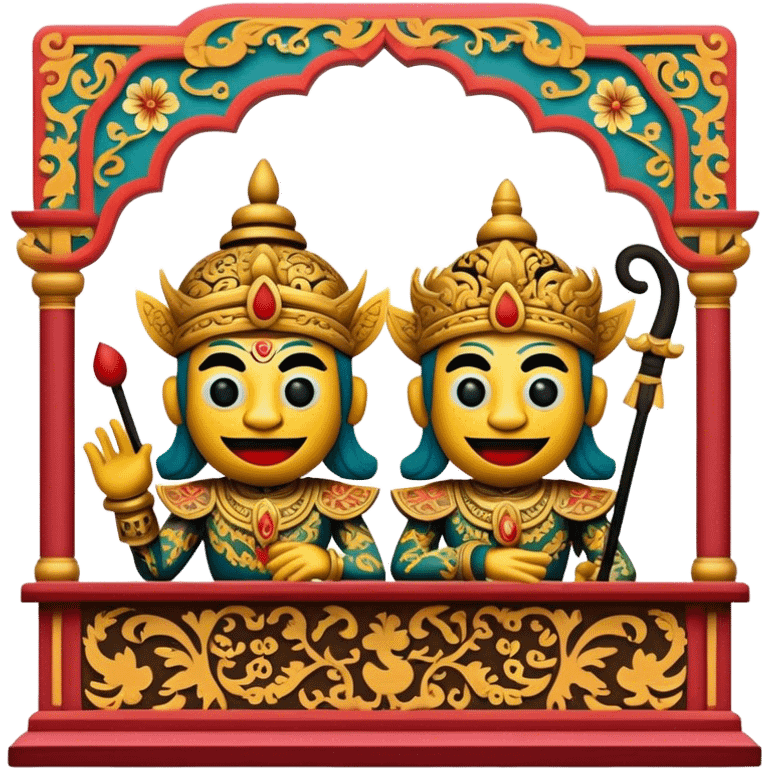 Cinematic Realistic Wayang Kulit Pop Culture Emoji, featuring a vibrant shadow-puppet theatre scene rendered with dynamic textures and artistic, traditional lighting. emoji