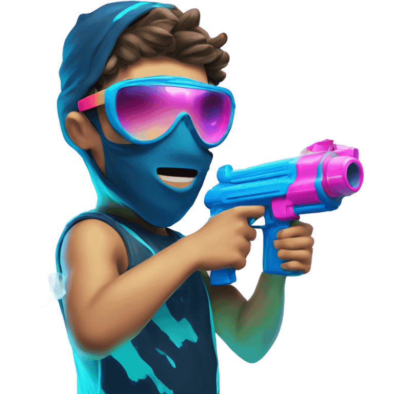 Caucasian boy in glowing rave outfit with mask, sunglasses, and headgear, shooting bubbles out of a water gun emoji