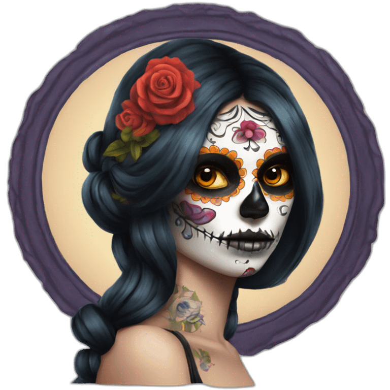 Lady looking over shoulder day of the dead tattoos and missing eye emoji