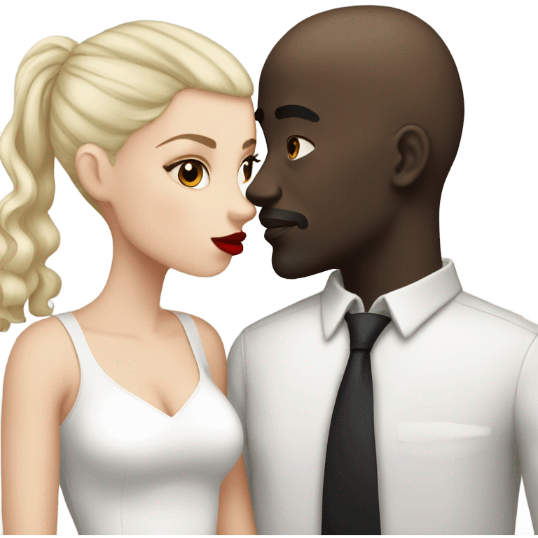 White girl dark hair red lips kissing bald black man emoji