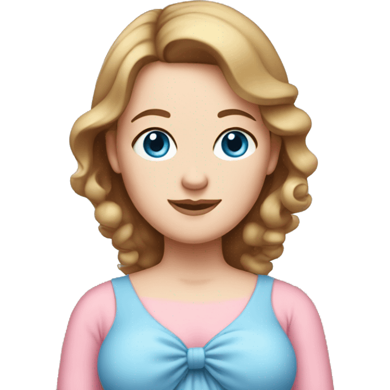 White pregnant lady, with Brown hair and blue eyes. She is wearing a tight pink dress and a bow emoji